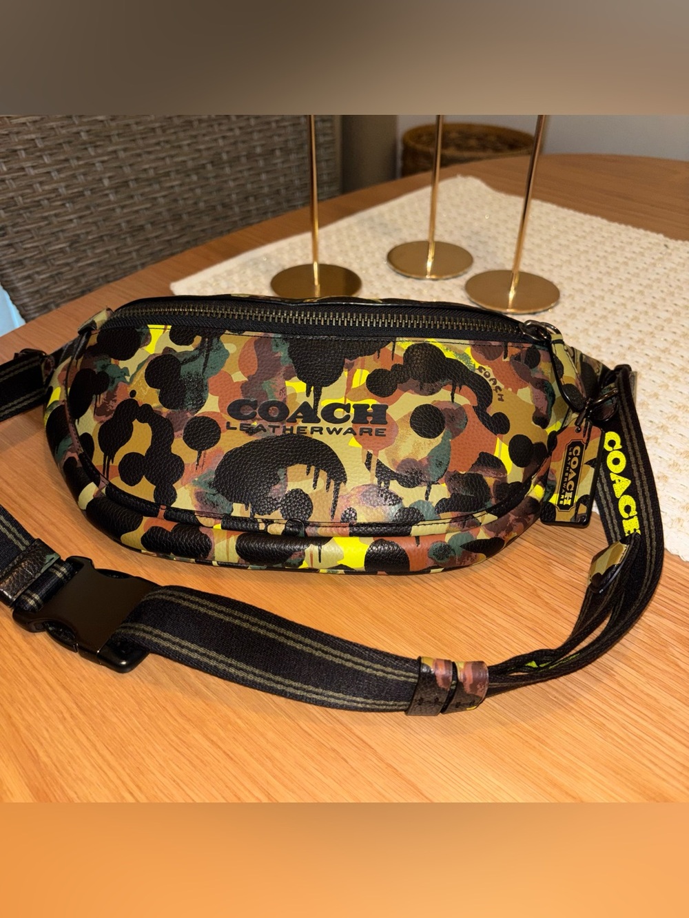 Coach League Belt Bag With Camo Print Leather Adjustable Strap Green Black